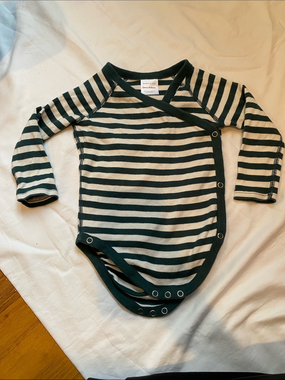 Hanna Andersson Dark Green and Cream Striped Wrap-Front One-Piece